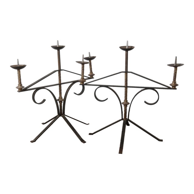 Pair of Large Wrought Iron and Brass Church Candelabras For Sale