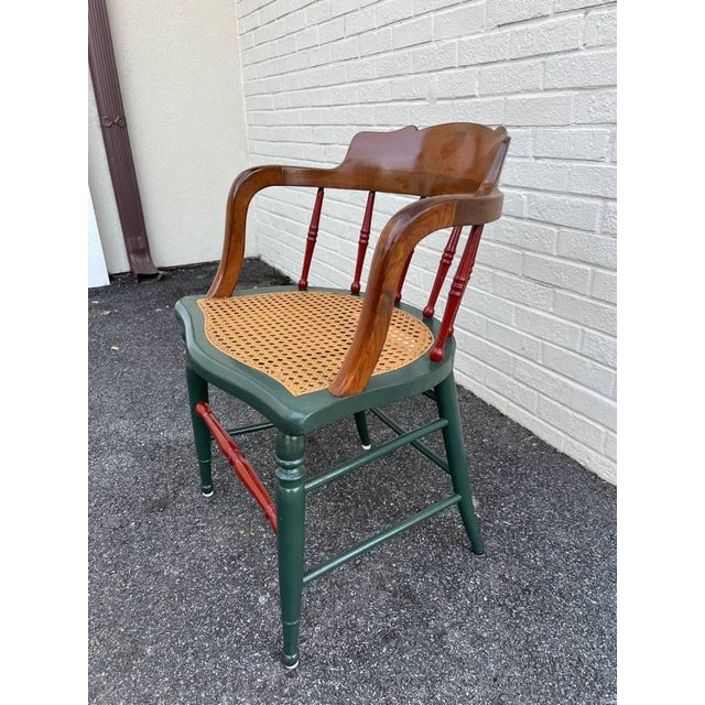 Wood Vintage 20th Century Barrel Back Cane Seat Captain Chair For Sale - Image 7 of 12