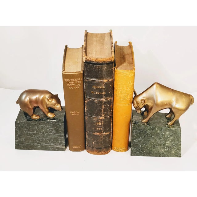 Metal Mid Century Brass Marble Bulls and Bears Stock Market Bookends For Sale - Image 7 of 10