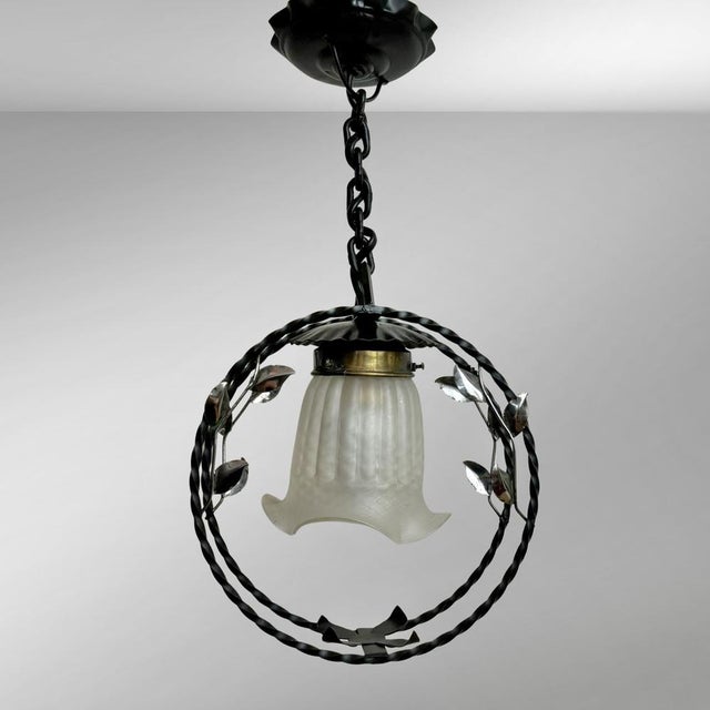 Swedish Modern Wrought Iron Pendant Lamp with Organic Leaf Decor, 1940s For Sale - Image 11 of 11