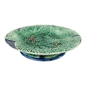 Antique 19th C Majolica Begonia Leaves Compote C1880s Kelly Green and Cobalt Blue.