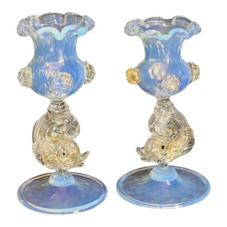 Late 20th Century Pair of Salviati Murano Attributed Venetian Candlesticks Dolphin Motif Opalescent Glass For Sale