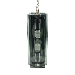 Pendant Light in Thick Green-Grey Glass and Chromed Metal in the style of Fontana Arte, 1970 For Sale