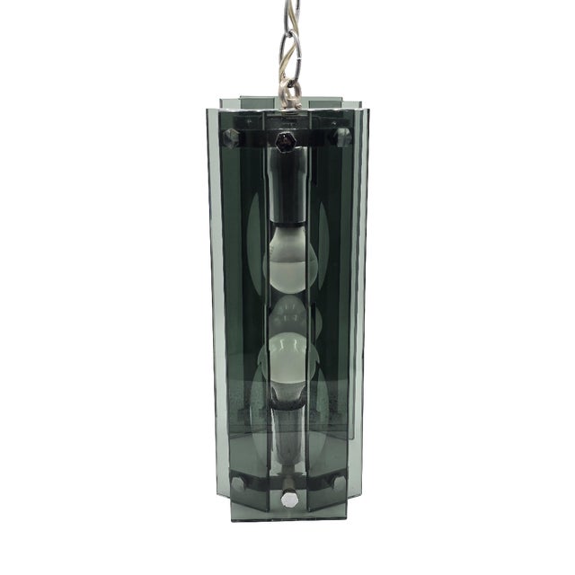 Pendant Light in Thick Green-Grey Glass and Chromed Metal in the style of Fontana Arte, 1970 For Sale