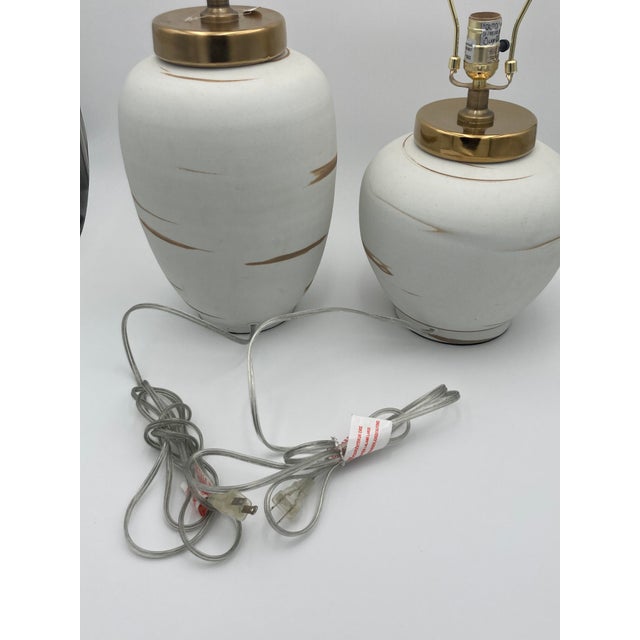Metal Sahara Sand White Ceramic Table Lamps With Hand Painted Brush Strokes With Shades - a Pair For Sale - Image 7 of 11