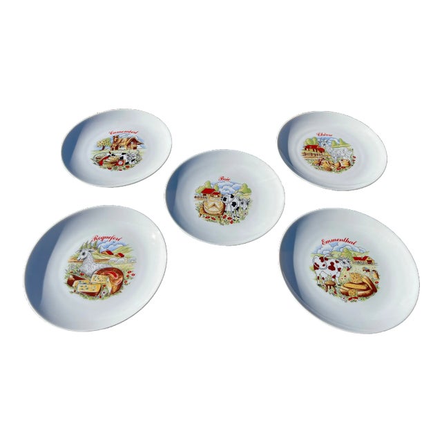 1970s Vintage Winterling Kitchenlomite Bavaria Porcelain Illustrated Cheese Plates- Set of 5 For Sale
