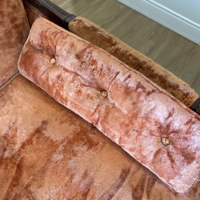 Late 20th Century Vintage French Provincial Sofa in Rich Copper Crushed Velvet With Carved Wood Details and Cabriole Legs. Elegant, Warm, and Timeless. For Sale - Image 5 of 12