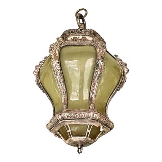 Antique Bronze Ceiling Light With Art Glass For Sale