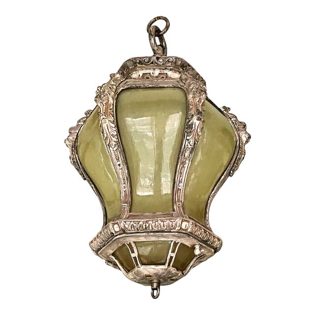 Antique Bronze Ceiling Light With Art Glass For Sale