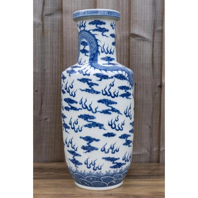 Large Antique Chinese Blue and White Dragon & Fish Porcelain Vase For Sale - Image 4 of 18