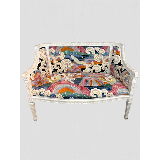Beautiful Louis XV Style Settee. Newly reupholstered in "Mount Haku - Twilight" Embroidered Fabric. White double welting....