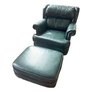 Hancock & Moore Styled Green Leather Club Chair With Ottoman For Sale