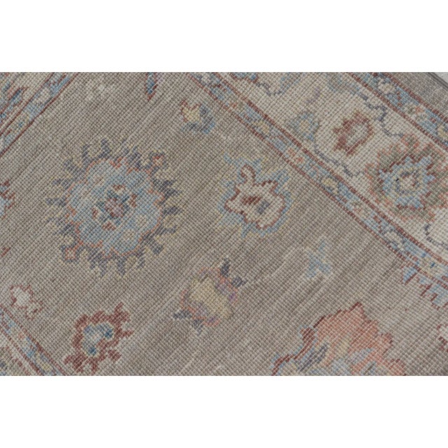 Modern Oushak Runner With Orange and Blue Motifs on Light Gray Background For Sale - Image 12 of 13