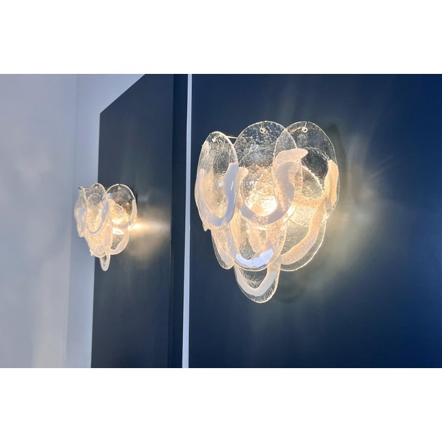 Vintage Italian Clear Lattimo Murano Glass Wall Lights from Mazzega, 1990s, Set of 2 For Sale - Image 15 of 17