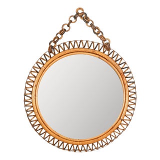 Mid-Century Organic Round Spring Mirror in Rattan and Wicker, Italy, 1960s For Sale