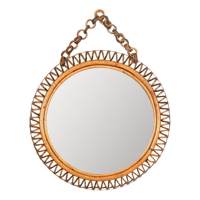 Mid-Century Organic Round Spring Mirror in Rattan and Wicker, Italy, 1960s For Sale