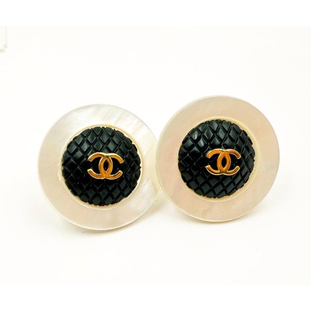 Chanel Vintage Gold Plated CC Black Quilt Mother of Pearl XL Clip on Earrings *Marked Chanel *Comes with the original box...