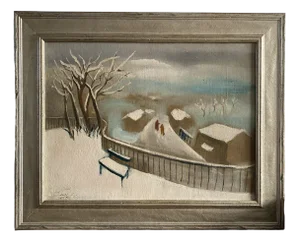 French Artist, The Bench in the Snow, 1938, Oil on Canvas, Framed