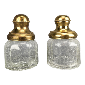 Early 20th Century Cracked Glass Vanity Jars With Gold Brass Lids - a Pair