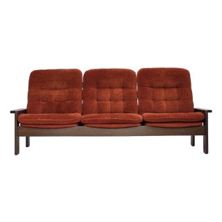 Danish 3-Seater Sofa in Red Velour and Oak, 1970s For Sale