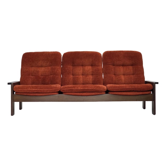Danish 3-Seater Sofa in Red Velour and Oak, 1970s For Sale