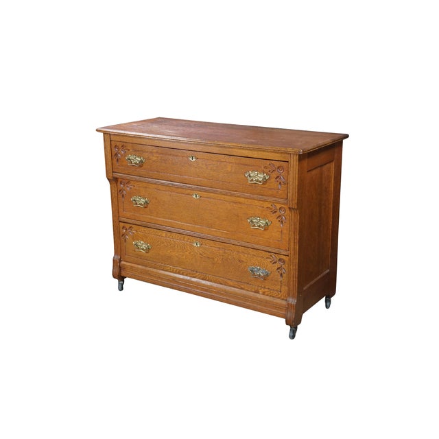 Victorian Antique Victorian Eastlake Oak Three Drawer Carved Dresser Chest Casters 43" For Sale - Image 3 of 18