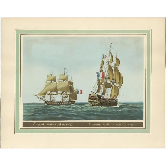 Handcolored heliotype of two French ships after a work of Jean-Jérôme Baugean, created in circa 1920. This original print...