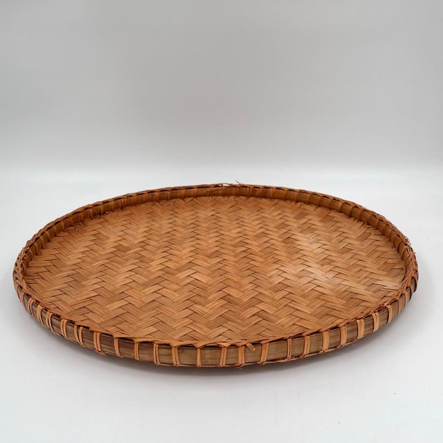 Tan Vintage Split Reed Winnowing or Harvest Basket Tray 16" Diameter For Sale - Image 8 of 12