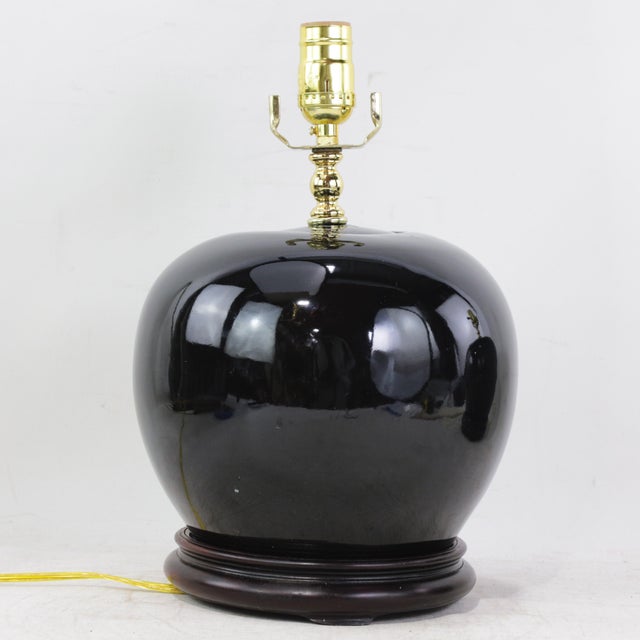 Black A Pair Early 20th Century Black Monochrome Porcelain Watermelon Jar Table Lamps on Carved Wood Bases For Sale - Image 8 of 15