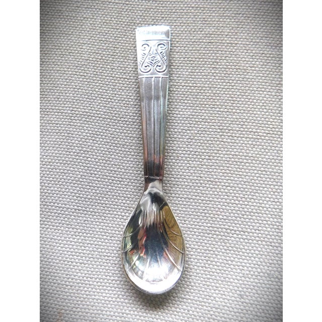 Antique English classic Art Deco 1920's chromium plated salt spoon. The spoon, embossed both on the handle and the bowl...