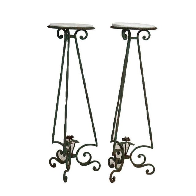 Arts & Crafts Antique Arts & Crafts Oscar Bach Style Wrought Iron & Marble Plant Stands C1920 For Sale - Image 3 of 11