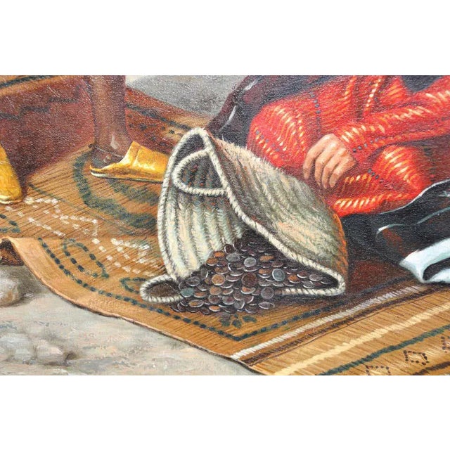 Blue Moroccan Orientalist Oil on Canvas Painting Moroccan Market 19th Scene For Sale - Image 8 of 11