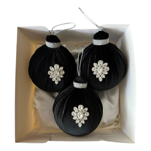 Set of 3 Oversized Black Velvet Christmas Baubles, 6” Luxury Holiday Ornaments in Satin Lined Presentation Box