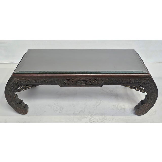 j.l. George & Co Ming Style Carved Camphor Wood Cocktail Table With Protective Glass Top For Sale - Image 9 of 12