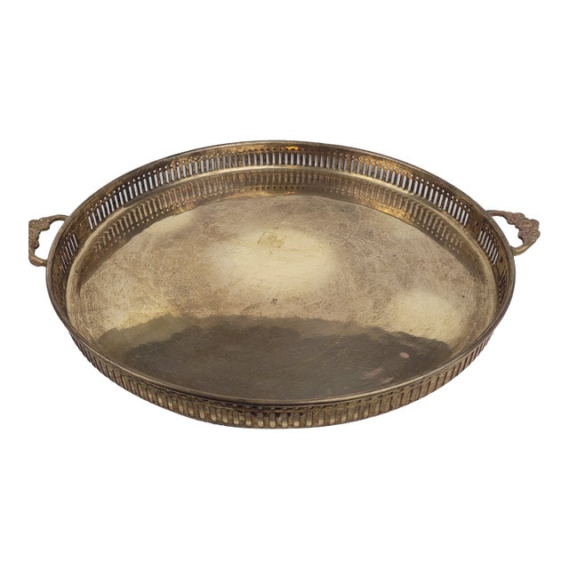 Vintage Round Brass Gallery Serving Tray Pierced Sides and Floral Handles For Sale