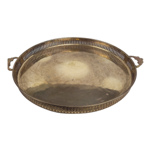 Vintage Round Brass Gallery Serving Tray Pierced Sides and Floral Handles