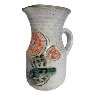 Mid-Century Modern Rustic Earthenware Jug with Floral Pattern by Albert Thiry for Vallauris, 1960s For Sale