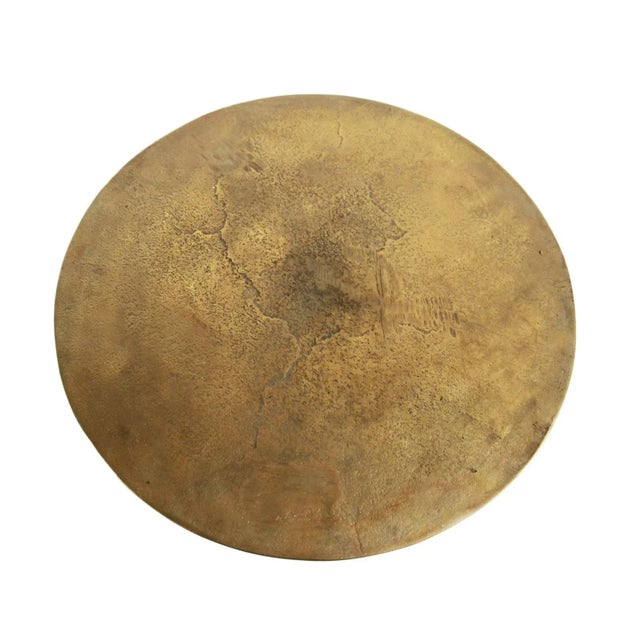 Modern round aluminum side table with beautiful brass / bronze metal patina. Each will vary in exact patina and textures.