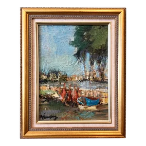 Jean Vinay, French Expressionist Ecole de Paris Oil Painting Boats on French Riviera