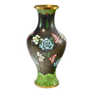 Green & Aqua 9" Floral Cloisonné Vase For Sale