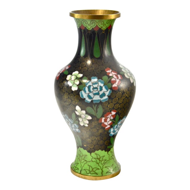 Green & Aqua 9" Floral Cloisonné Vase For Sale