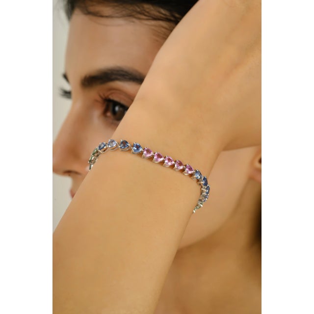 Not Yet Made - Made To Order Colorful Multi Sapphire Vintage Heart Bracelet in 14k Solid Gold For Sale - Image 5 of 11