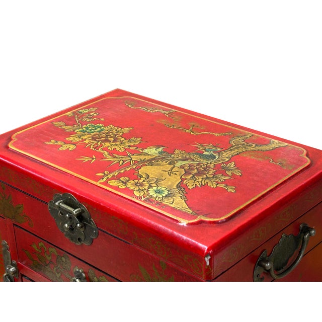 Red Chinese Oriental Red Flower Birds Mirror Rectangular Jewelry Box For Sale - Image 8 of 14