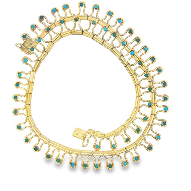 Gold Vintage Italian Modernist 18k Gold and Turquoise Fringe Necklace For Sale - Image 8 of 13