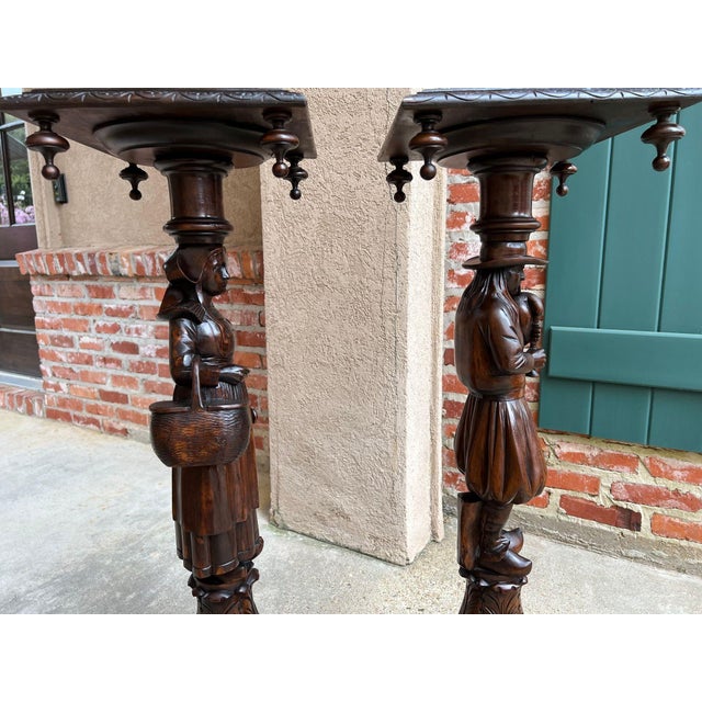 Brown Antique French Breton Pedestal Stands Pair Carved Figural Display Brittany C1900 For Sale - Image 8 of 18