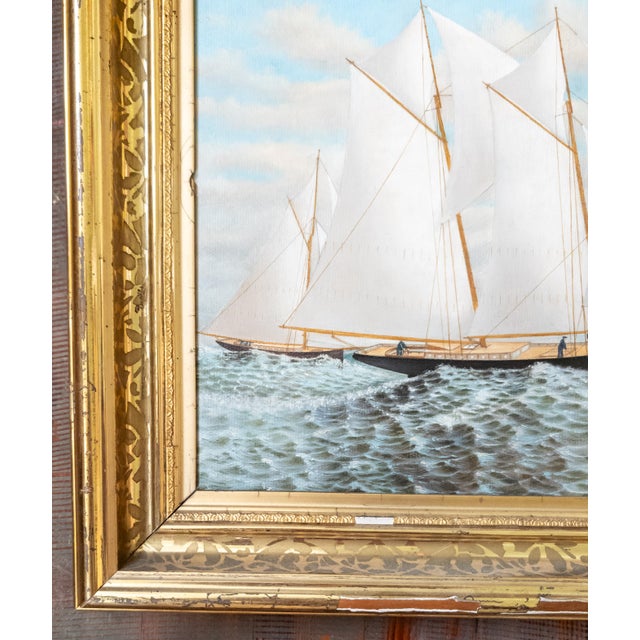 Early 20th Century Nautical Painting of Schooner and Sailboats in Lemon Gold Frame For Sale In New York - Image 6 of 12