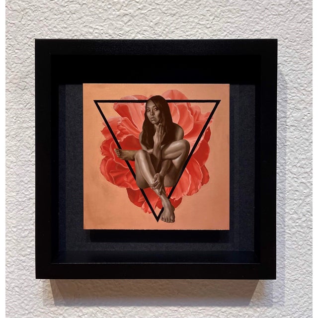 This artwork features a figure seated in a contorted pose, enveloped by a vibrant floral backdrop that contrasts with the...