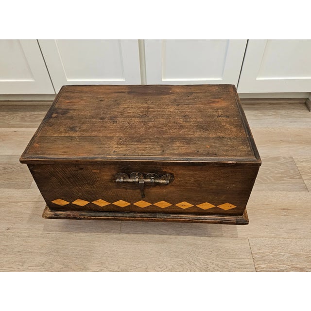 A charming scarce Spanish Colonial era parquetry inlaid cedar legged storage chest (large table box / small trunk) with...