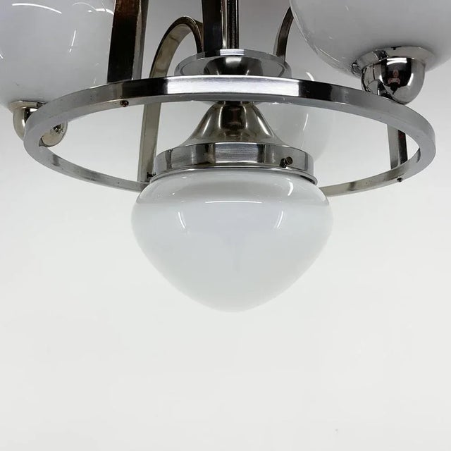 1930s Art Deco Chrome & Milk Glass Chandelier, 1930s For Sale - Image 5 of 11