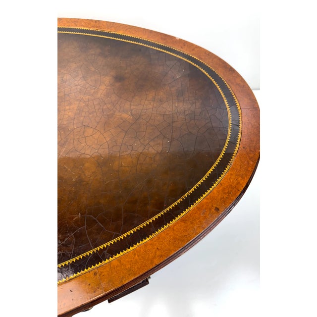 Mid-Century Modern Mid 20th Century Weiman Oval Leather-Top Coffee Table With Burl Wood Inlay and Brass Pulls For Sale - Image 3 of 15
